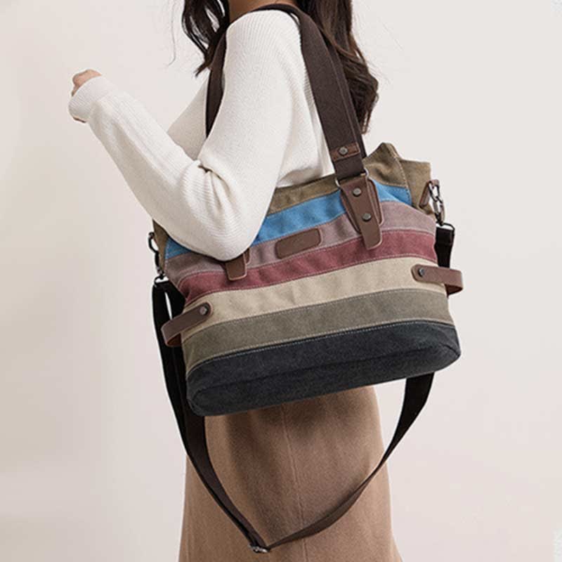 Multifunction Color Block Canvas Tote Bag | Hobo Shoulder Bag & Crossbody Purse - VOTVO