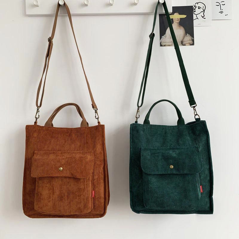Vintage Corduroy Tote Bag for Women – Crossbody Handbag with Adjustable Strap for Daily Use, Travel, and Shopping - VOTVO