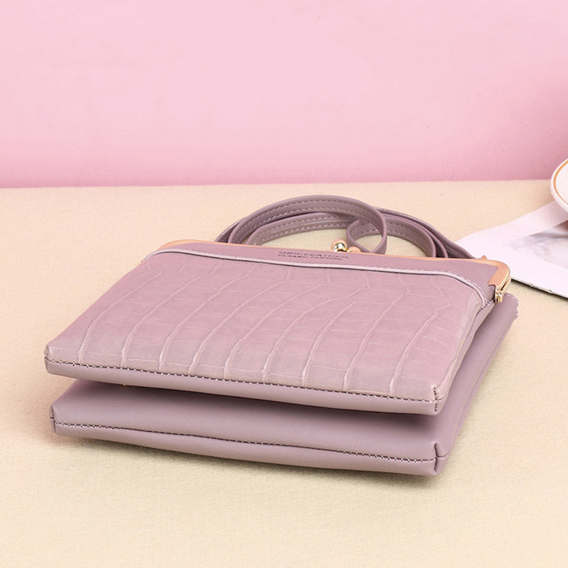 Women’s Leather Crossbody Handbag – Double Compartment Kiss Lock Shoulder Bag