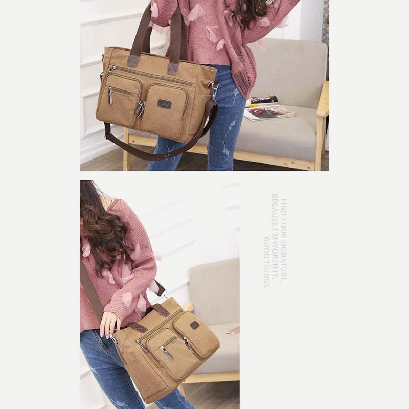 Multi - Pocket Canvas Tote Handbag for Women & Men – Retro Laptop Bag with Adjustable Straps - VOTVO