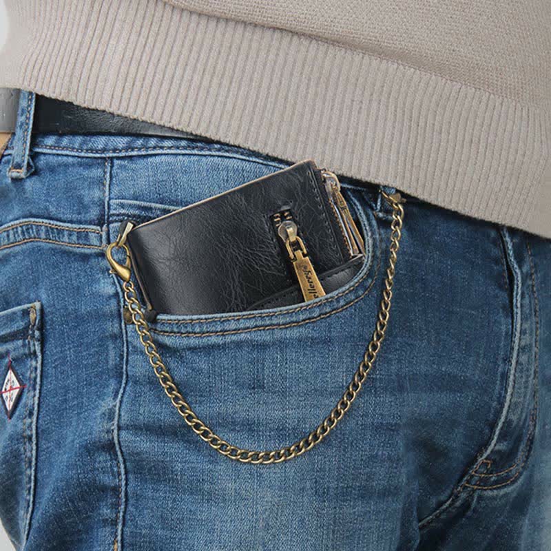 Trifold Leather Wallet for Men with Coin Purse, Snap Zip Closure & Chain – PU Leather, 12 Card Slots