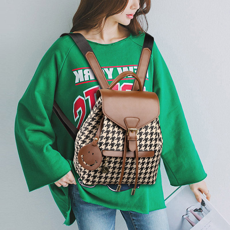 Women's Mini Backpack Purse with Houndstooth Print – Flap Daypack Leather Shoulder Bag