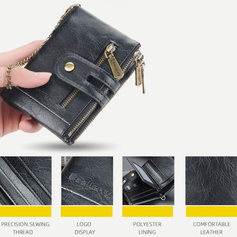 Trifold Leather Wallet for Men with Coin Purse, Snap Zip Closure & Chain – PU Leather, 12 Card Slots