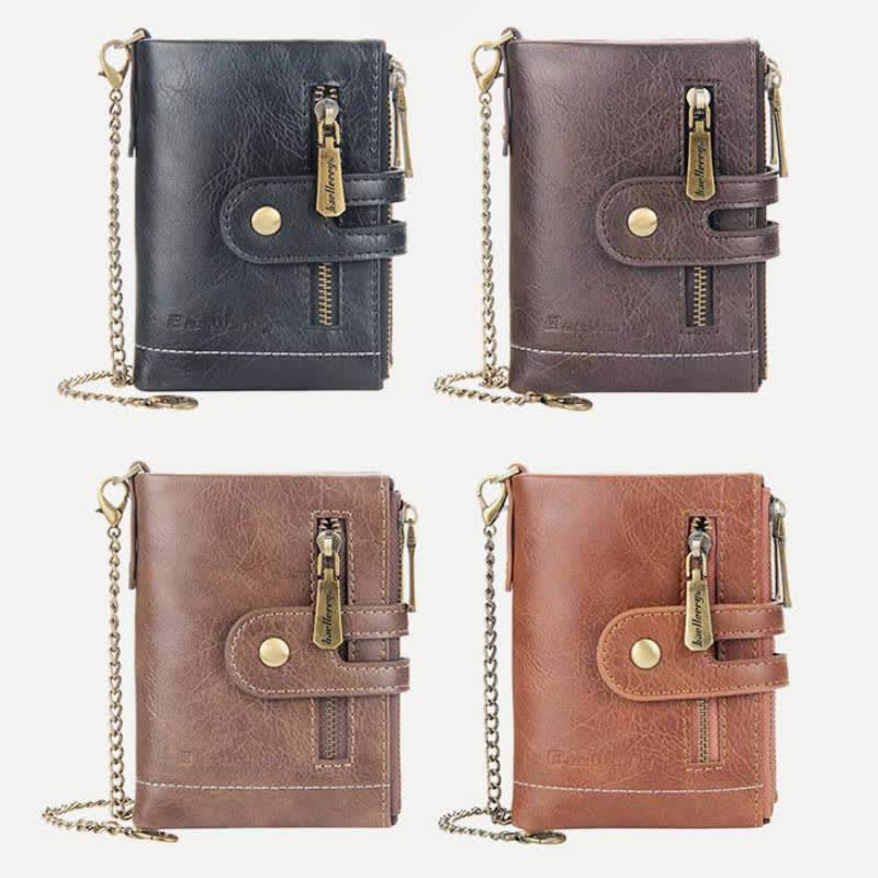 Trifold Leather Wallet for Men with Coin Purse, Snap Zip Closure & Chain – PU Leather, 12 Card Slots