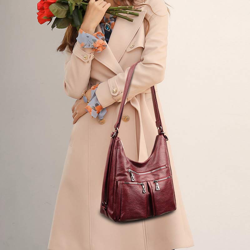 3-Way Use Backpack Multi-Pocket Leather Zip Crossbody Shoulder Bag