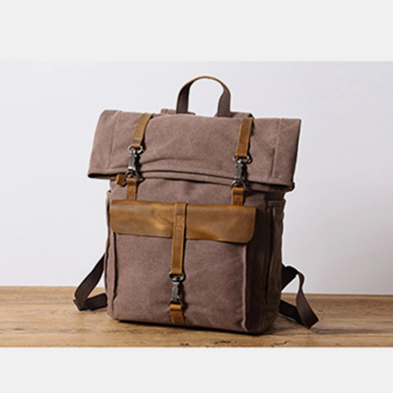 Unisex Canvas & Leather Hiking Travel Backpack – Durable Rucksack School Bag Daypack