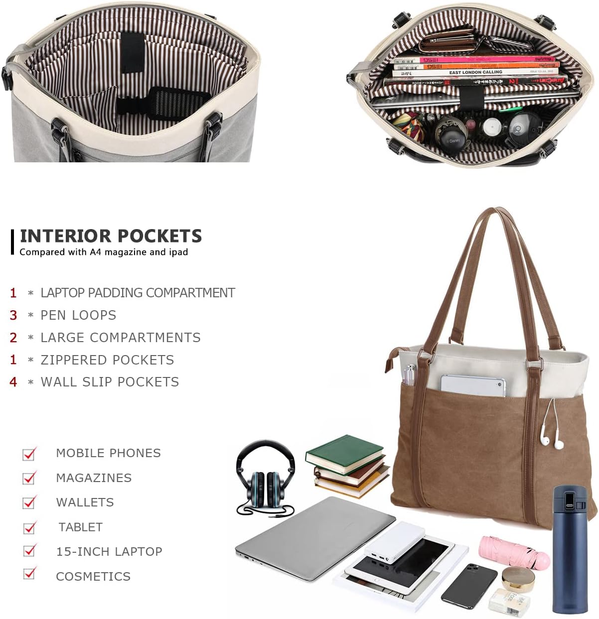 Women Laptop Tote Bag for Work – Lightweight Splice Canvas 15.6 Inch Handbag Purse - VOTVO