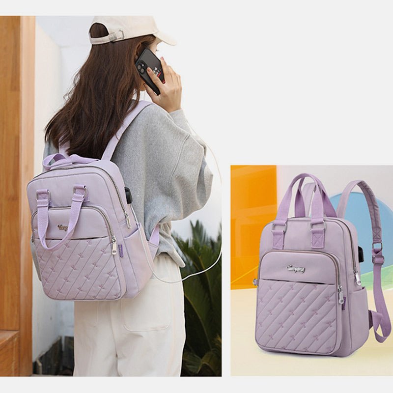 Lightweight Embossed Embroidery Backpack with USB Charging Port – Perfect for Women on the Go - VOTVO
