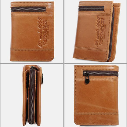 RFID Large Capacity Bifold Wallet for Men – Retro Genuine Leather with 20 Card Slots & Zipper Pockets