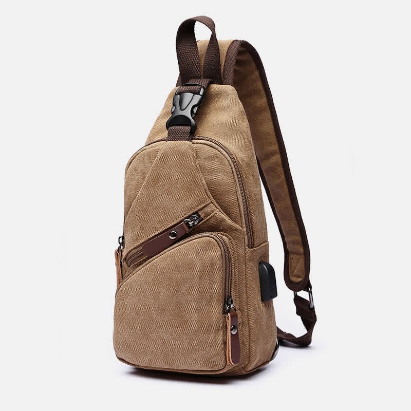 Canvas Sling Bag Crossbody Backpack – Casual Rucksack with USB Charging Port - VOTVO