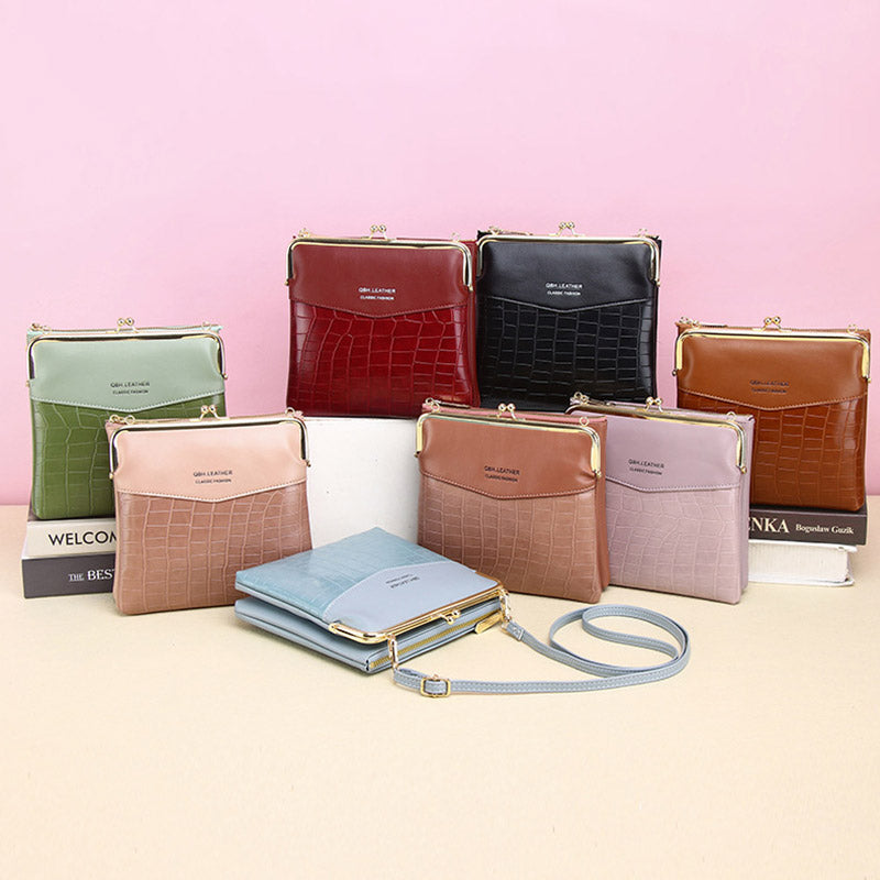 Women’s Leather Crossbody Handbag – Double Compartment Kiss Lock Shoulder Bag