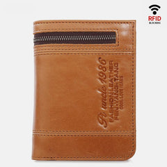 RFID Large Capacity Bifold Wallet for Men – Retro Genuine Leather with 20 Card Slots & Zipper Pockets