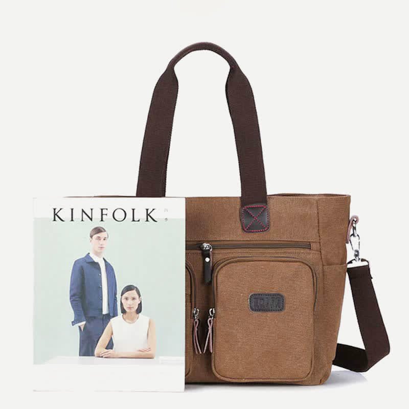 Multi - Pocket Canvas Tote Handbag for Women & Men – Retro Laptop Bag with Adjustable Straps - VOTVO