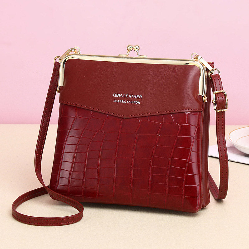 Women’s Leather Crossbody Handbag – Double Compartment Kiss Lock Shoulder Bag