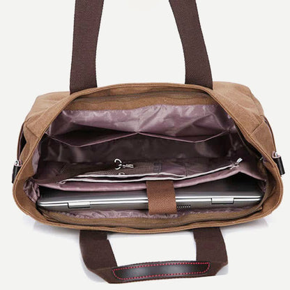 Multi - Pocket Canvas Tote Handbag for Women & Men – Retro Laptop Bag with Adjustable Straps - VOTVO