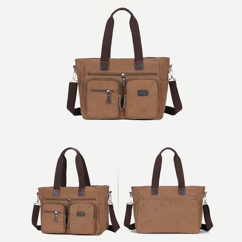 Multi - Pocket Canvas Tote Handbag for Women & Men – Retro Laptop Bag with Adjustable Straps - VOTVO
