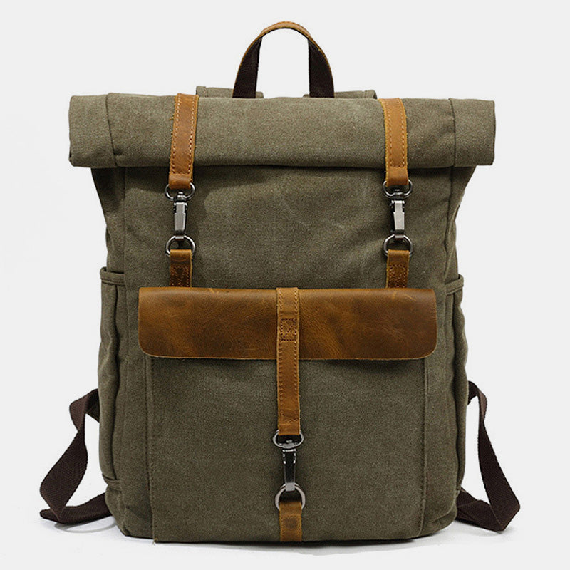 Unisex Canvas & Leather Hiking Travel Backpack – Durable Rucksack School Bag Daypack