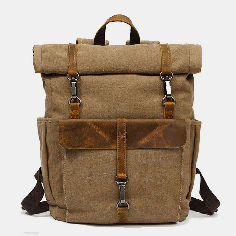 Unisex Canvas & Leather Hiking Travel Backpack – Durable Rucksack School Bag Daypack