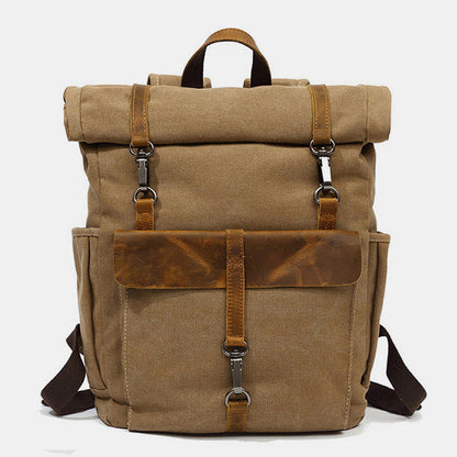 Unisex Canvas & Leather Hiking Travel Backpack – Durable Rucksack School Bag Daypack