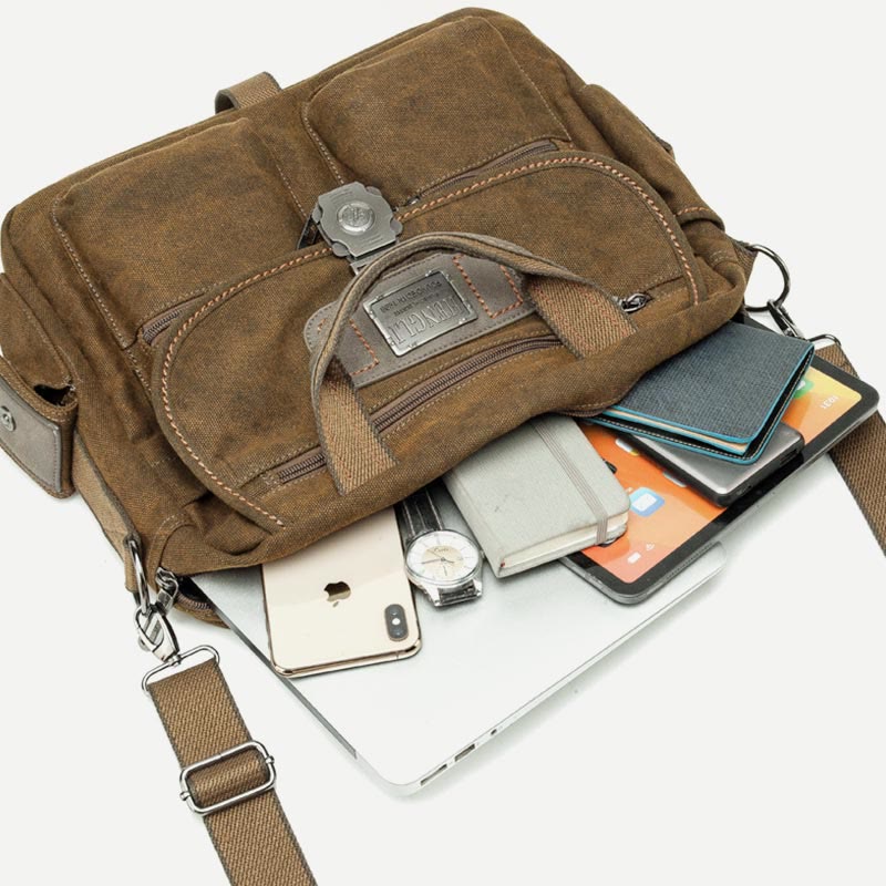 Vintage Canvas Messenger Bag for Men – Large Capacity Briefcase with Adjustable Shoulder Strap