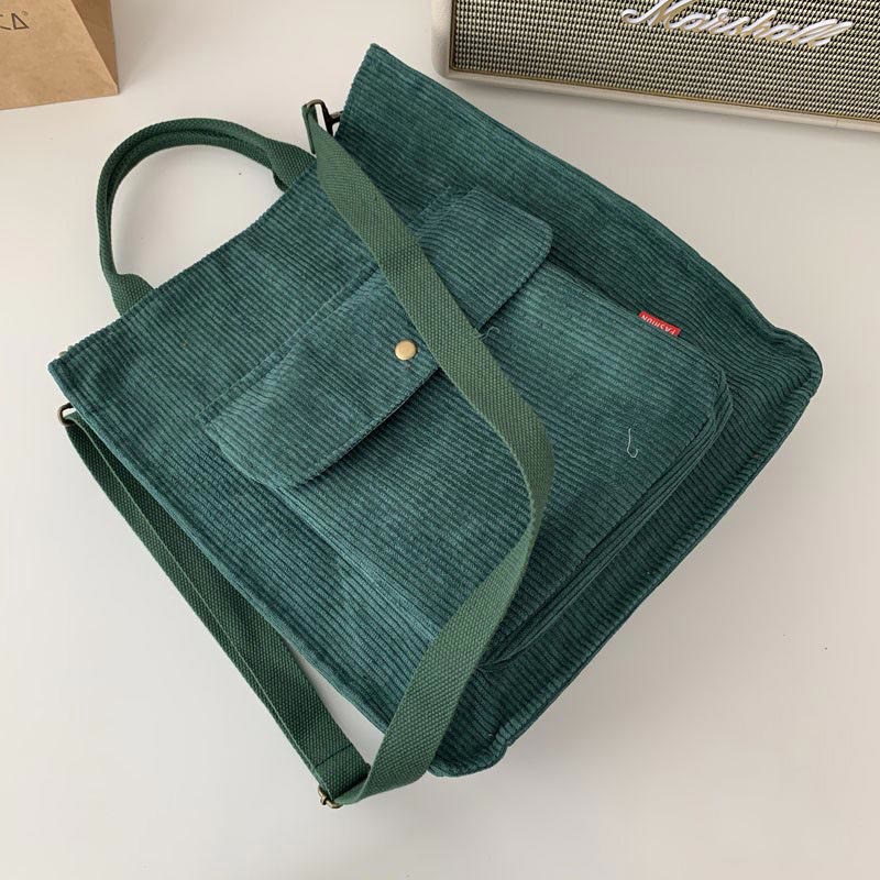 Vintage Corduroy Tote Bag for Women – Crossbody Handbag with Adjustable Strap for Daily Use, Travel, and Shopping