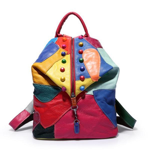 Women's Genuine Leather Splice Rivet Backpack - Stylish & Durable Shoulder Bag for School, Travel, & Daily Use - VOTVO