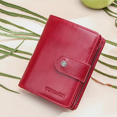 Cartera retro antirrobo triple de cuero genuino con RFID para mujer