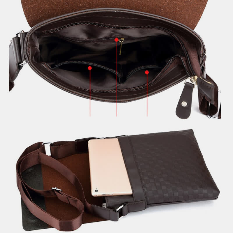 Small Messenger Bag for Men Plaid PU Leather Crossbody Shoulder Bag - VOTVO