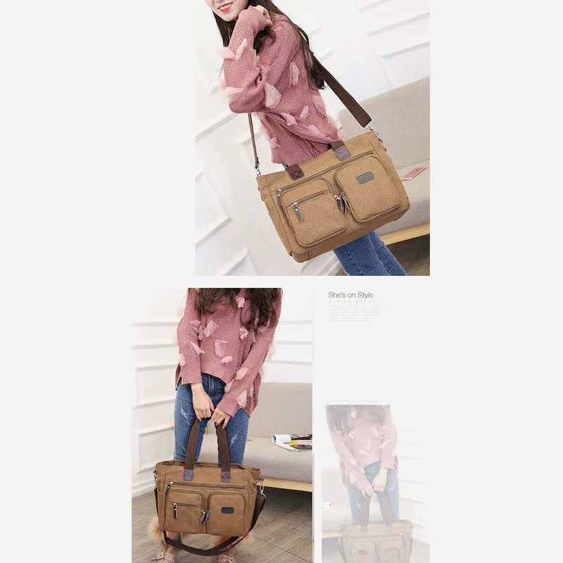 Multi - Pocket Canvas Tote Handbag for Women & Men – Retro Laptop Bag with Adjustable Straps - VOTVO