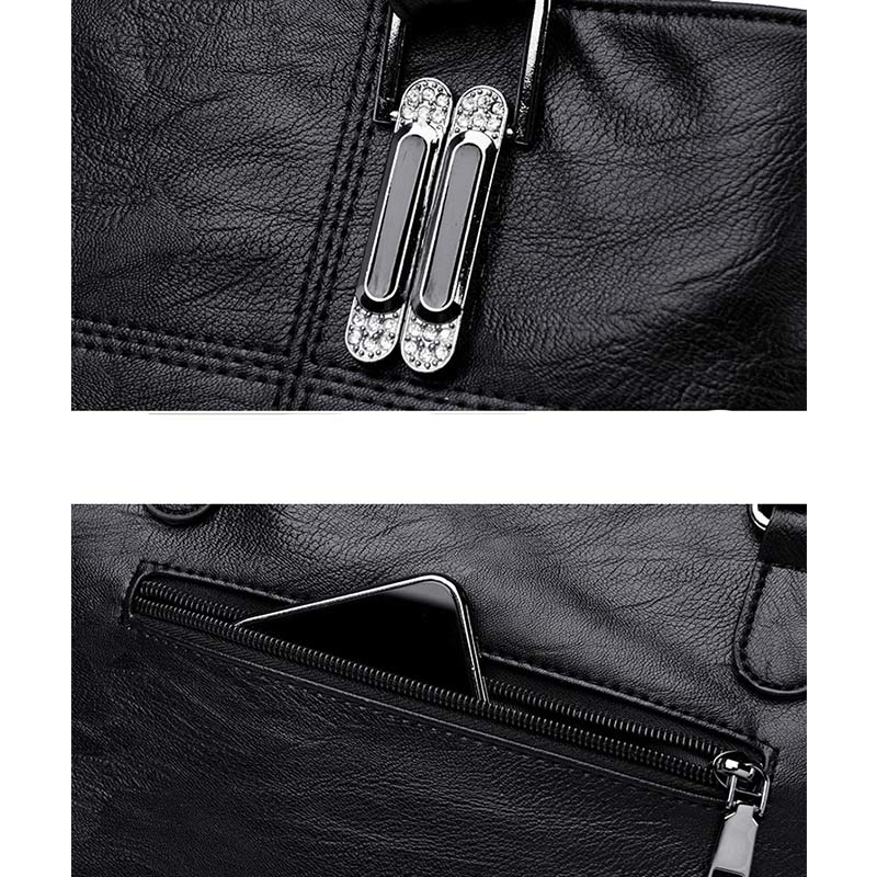 Triple Compartment Women’s Leather Tote Shoulder Handbag with Crossbody Strap