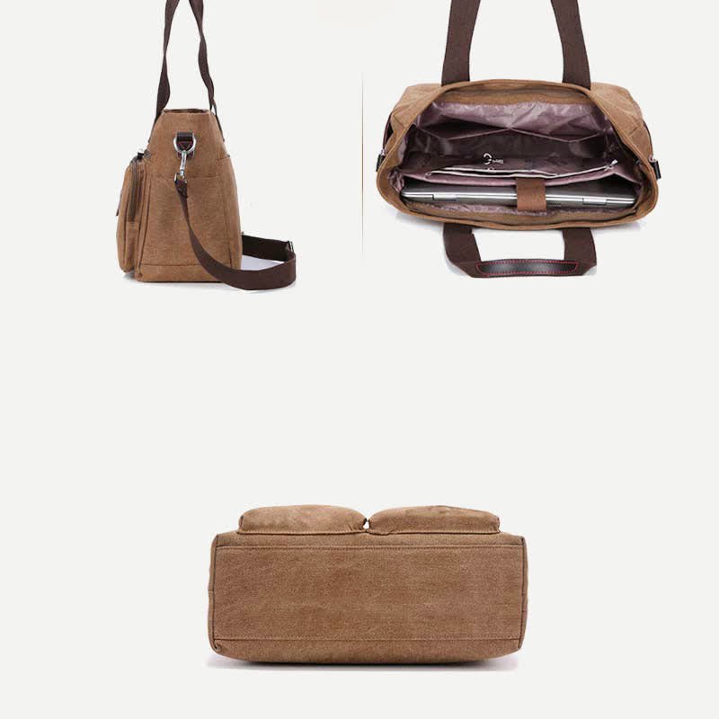 Multi - Pocket Canvas Tote Handbag for Women & Men – Retro Laptop Bag with Adjustable Straps - VOTVO