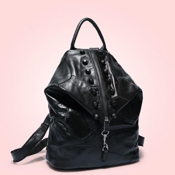 Women's Genuine Leather Splice Rivet Backpack - Stylish & Durable Shoulder Bag for School, Travel, & Daily Use - VOTVO