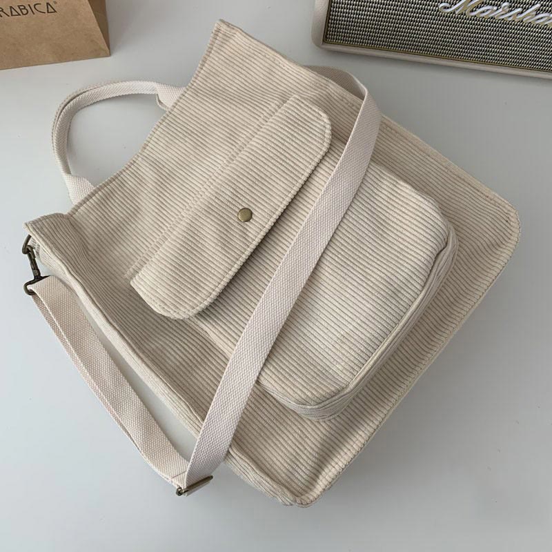 Vintage Corduroy Tote Bag for Women – Crossbody Handbag with Adjustable Strap for Daily Use, Travel, and Shopping