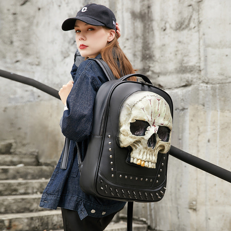 3D Leather Skull Laptop Backpack – Steampunk Rivet Travel & College Bag