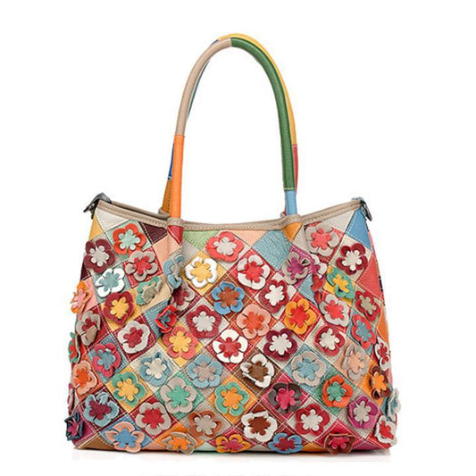 Genuine Leather Multicolor Flower Boho Handbag – A Touch of Artistic Elegance - VOTVO