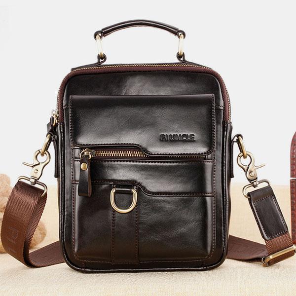 Casual Vintage Genuine Leather Crossbody Bag for Men – Adjustable Strap and Multiple Pockets