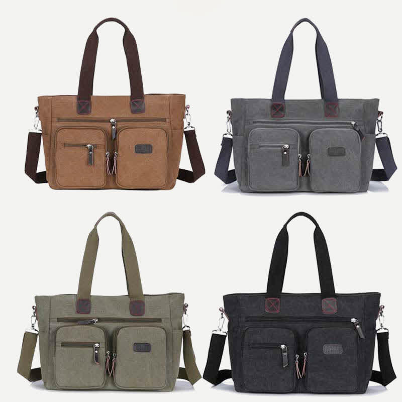 Multi - Pocket Canvas Tote Handbag for Women & Men – Retro Laptop Bag with Adjustable Straps - VOTVO