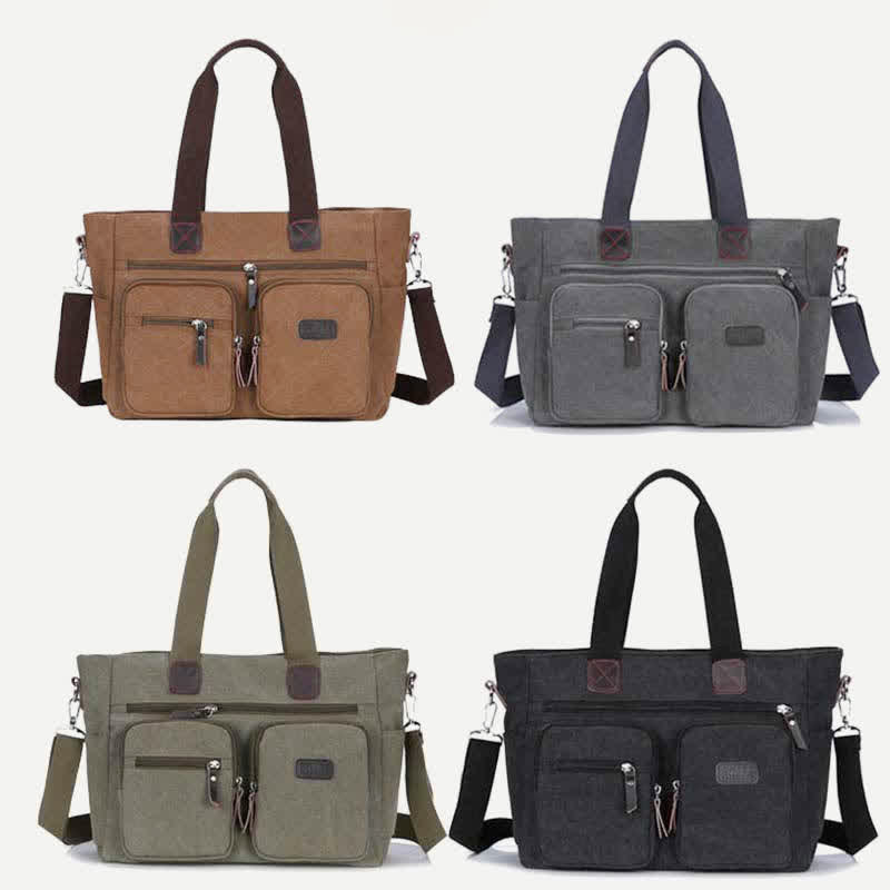Multi - Pocket Canvas Tote Handbag for Women & Men – Retro Laptop Bag with Adjustable Straps - VOTVO