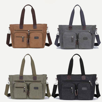 Multi - Pocket Canvas Tote Handbag for Women & Men – Retro Laptop Bag with Adjustable Straps - VOTVO