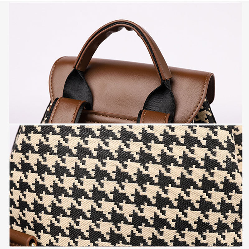Women's Mini Backpack Purse with Houndstooth Print – Flap Daypack Leather Shoulder Bag