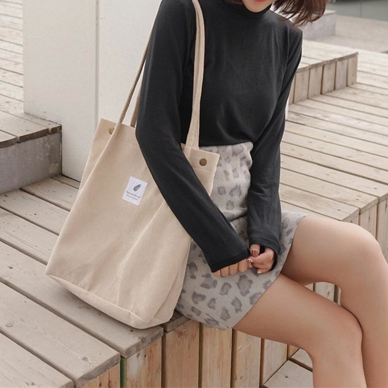 Corduroy Tote Bag for Women – Large Capacity School Shoulder Bag with Magnetic Closure