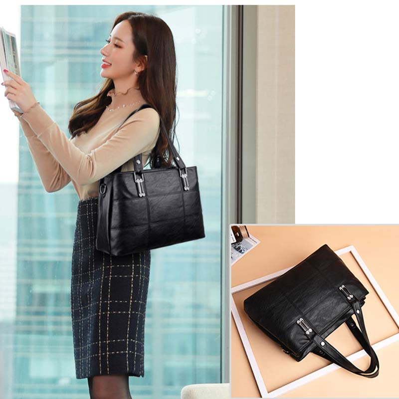 Triple Compartment Women’s Leather Tote Shoulder Handbag with Crossbody Strap