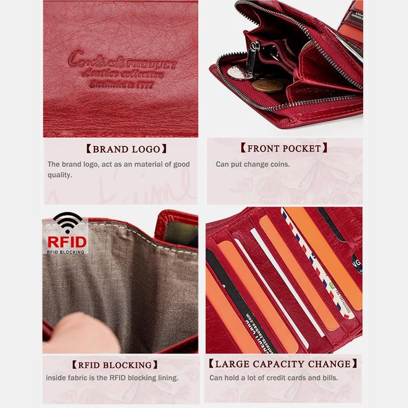 Genuine Leather RFID Trifold Anti-theft Retro Wallet for Women
