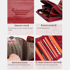 Cartera retro antirrobo triple de cuero genuino con RFID para mujer