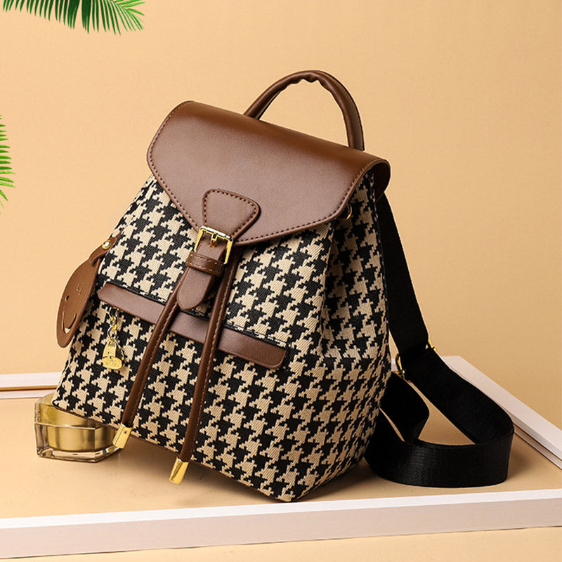Women's Mini Backpack Purse with Houndstooth Print – Flap Daypack Leather Shoulder Bag