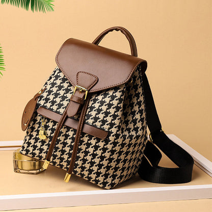 Women's Mini Backpack Purse with Houndstooth Print – Flap Daypack Leather Shoulder Bag