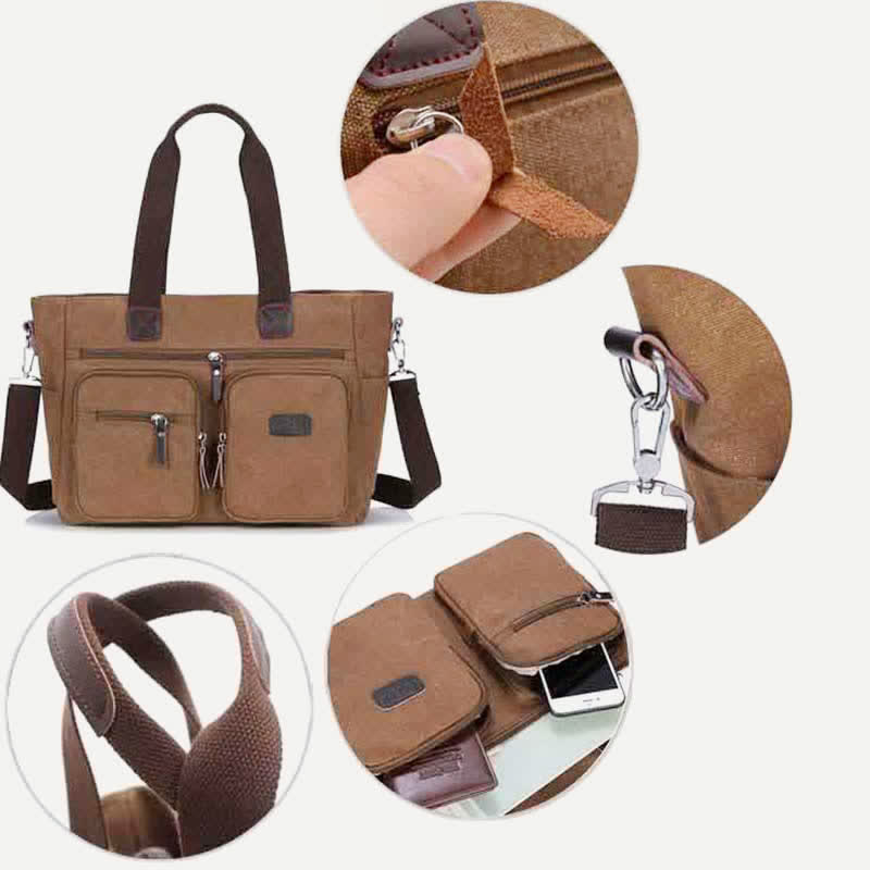 Multi - Pocket Canvas Tote Handbag for Women & Men – Retro Laptop Bag with Adjustable Straps - VOTVO