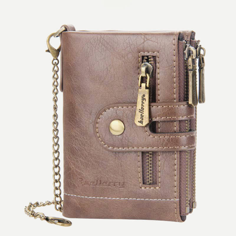 Trifold Leather Wallet for Men with Coin Purse, Snap Zip Closure & Chain – PU Leather, 12 Card Slots
