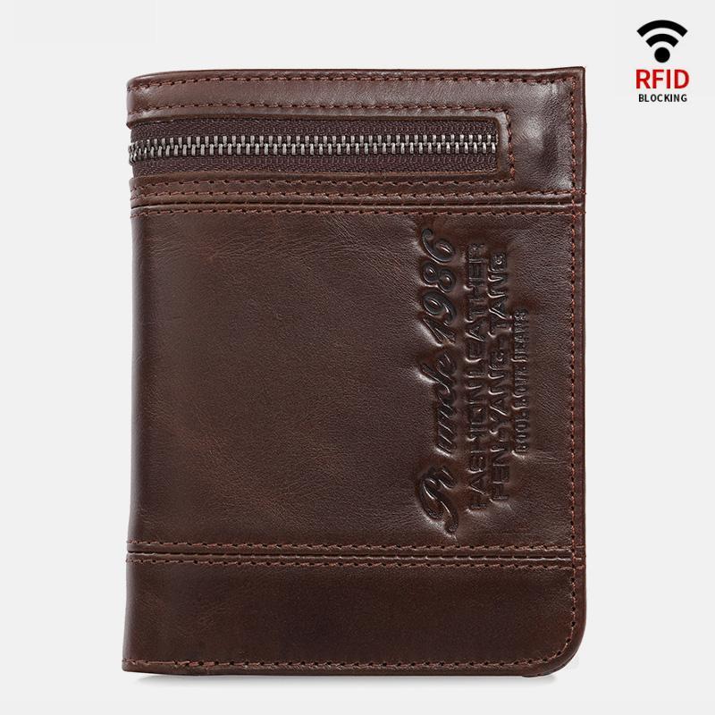 RFID Large Capacity Bifold Wallet for Men – Retro Genuine Leather with 20 Card Slots & Zipper Pockets