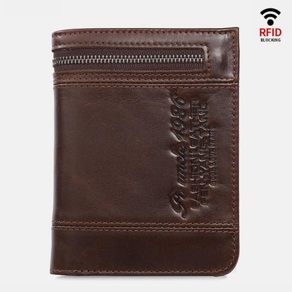 RFID Large Capacity Bifold Wallet for Men – Retro Genuine Leather with 20 Card Slots & Zipper Pockets